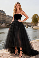 Load image into Gallery viewer, Sparkly Black A Line Tulle Beaded Strapless Long Prom Dress