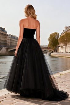 Sparkly Black A Line Tulle Beaded Strapless Long Prom Dress