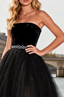Load image into Gallery viewer, Sparkly Black A Line Tulle Beaded Strapless Long Prom Dress