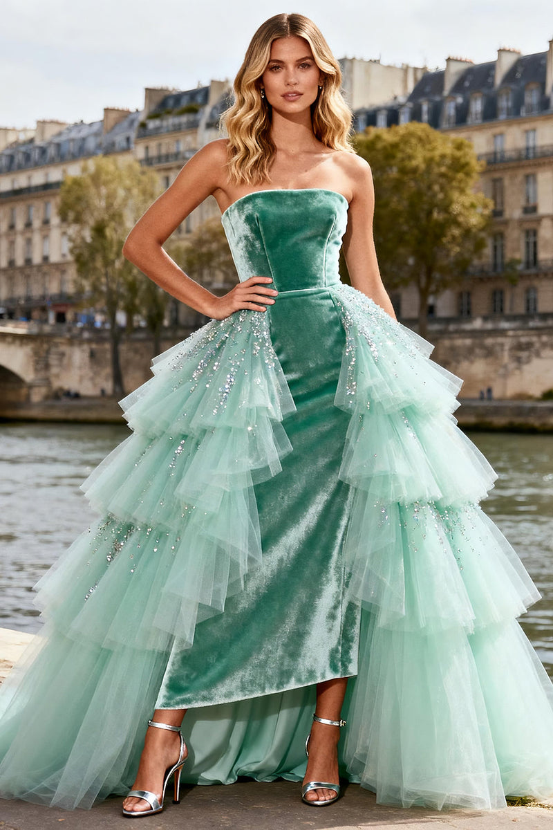 Load image into Gallery viewer, Sparkly Mint Green Tulle Long Velvet Prom Dress with Ruffles