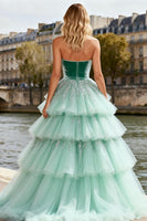 Load image into Gallery viewer, Sparkly Mint Green Tulle Long Velvet Prom Dress with Ruffles
