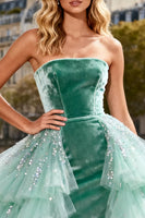 Load image into Gallery viewer, Sparkly Mint Green Tulle Long Velvet Prom Dress with Ruffles