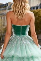 Load image into Gallery viewer, Sparkly Mint Green Tulle Long Velvet Prom Dress with Ruffles