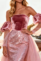 Load image into Gallery viewer, Sparkly Pink Velvet Sequin Long Prom Dress with Cape
