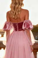 Load image into Gallery viewer, Sparkly Pink Velvet Sequin Long Prom Dress with Cape