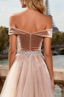 Load image into Gallery viewer, Sparkly Champagne Long Velvet Corset Prom Dress with Cape