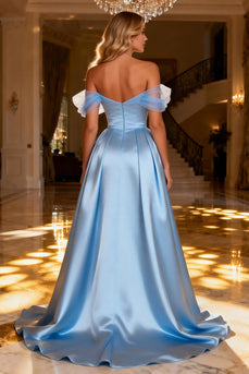 Sparkly Sky Blue Long Satin Prom Dress with Cape