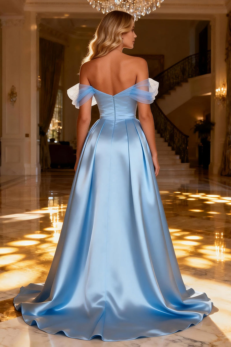 Load image into Gallery viewer, Sparkly Sky Blue Long Satin Prom Dress with Cape