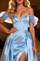 Load image into Gallery viewer, Sparkly Sky Blue Long Satin Prom Dress with Cape
