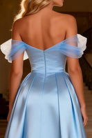 Load image into Gallery viewer, Sparkly Sky Blue Long Satin Prom Dress with Cape