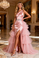 Load image into Gallery viewer, Sparkly Pink Long Satin Prom Dress with Cape