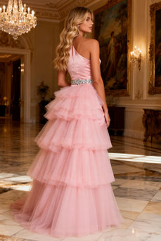 Sparkly Pink Long Satin Prom Dress with Cape