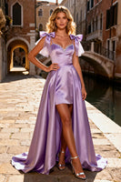 Load image into Gallery viewer, Sparkly Light Purple High-Low Satin Prom Dress with Bows