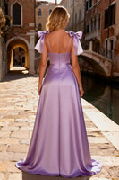 Load image into Gallery viewer, Sparkly Light Purple High-Low Satin Prom Dress with Bows