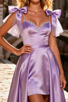 Load image into Gallery viewer, Sparkly Light Purple High-Low Satin Prom Dress with Bows