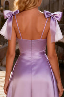 Load image into Gallery viewer, Sparkly Light Purple High-Low Satin Prom Dress with Bows