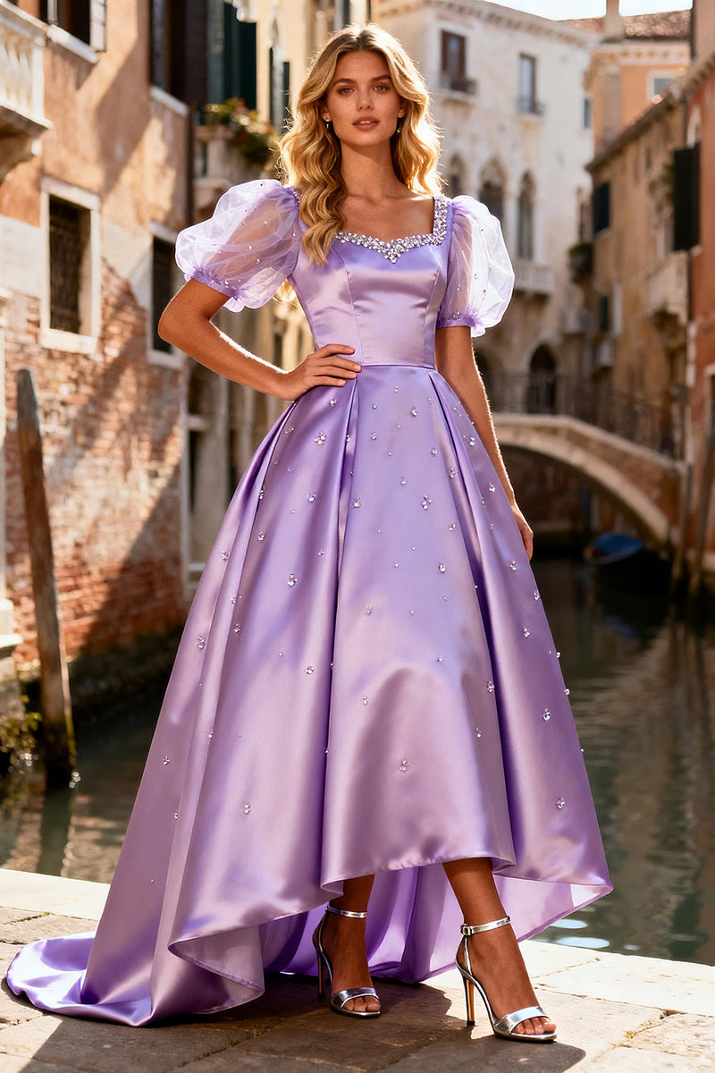 Load image into Gallery viewer, Sparkly Light Purple Satin A Line Long Prom Dress with Sleeves
