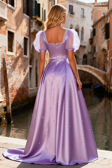 Sparkly Light Purple Satin A Line Long Prom Dress with Sleeves