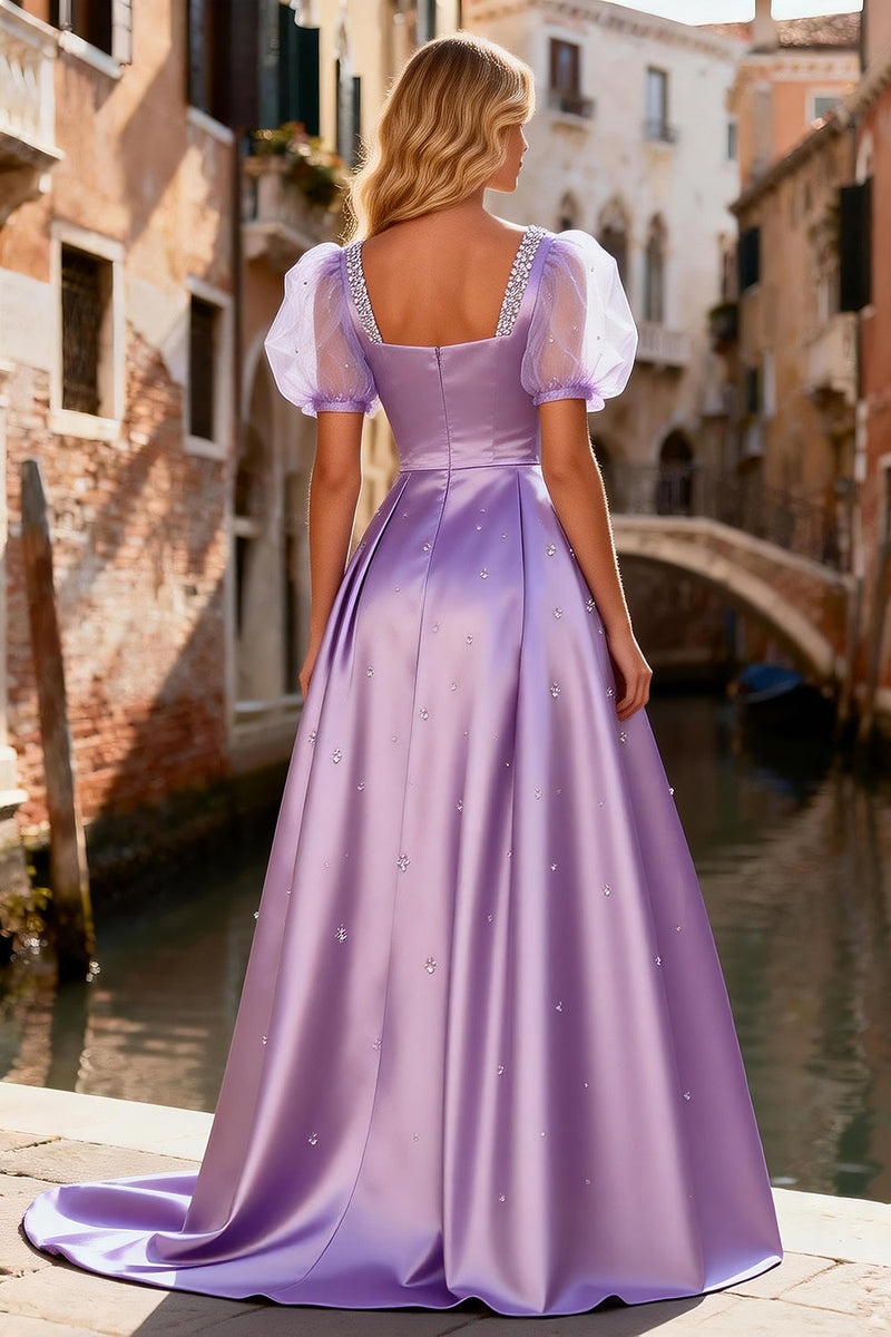 Load image into Gallery viewer, Sparkly Light Purple Satin A Line Long Prom Dress with Sleeves
