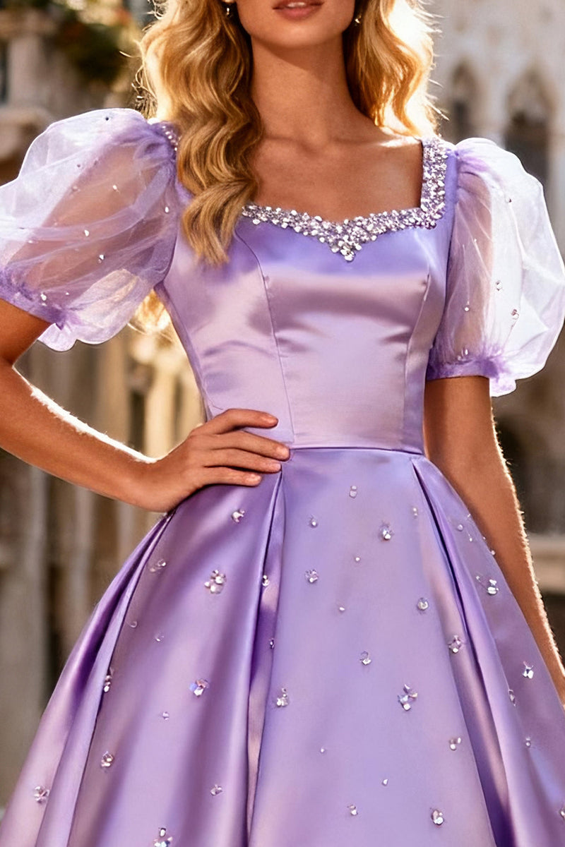 Load image into Gallery viewer, Sparkly Light Purple Satin A Line Long Prom Dress with Sleeves