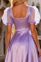 Load image into Gallery viewer, Sparkly Light Purple Satin A Line Long Prom Dress with Sleeves