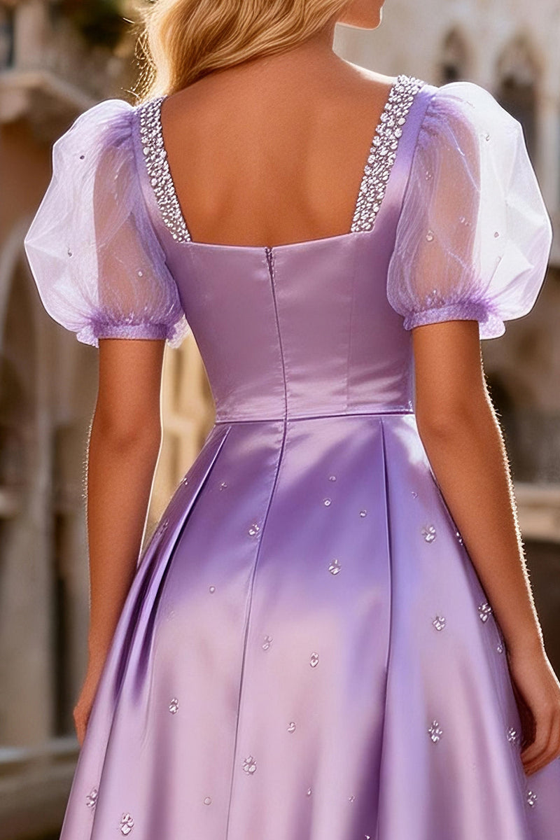 Load image into Gallery viewer, Sparkly Light Purple Satin A Line Long Prom Dress with Sleeves