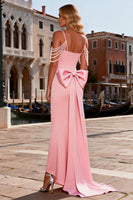 Load image into Gallery viewer, Sparkly Pink Beaded Satin Mermaid Long Prom Dress with Bow