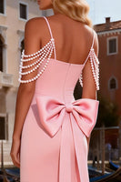 Load image into Gallery viewer, Sparkly Pink Beaded Satin Mermaid Long Prom Dress with Bow