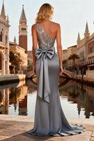 Load image into Gallery viewer, Sparkly Grey One Shoulder Long Sequin Prom Dress with Bow