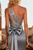 Load image into Gallery viewer, Sparkly Grey One Shoulder Long Sequin Prom Dress with Bow