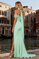Load image into Gallery viewer, Sparkly Mint Green Long Satin Prom Dress with Slit
