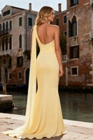 Load image into Gallery viewer, Sparkly Light Yellow Pearls Mermaid Long Prom Dress with Slit