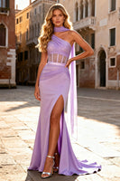 Load image into Gallery viewer, Light Purple Mermaid Satin Long Corset Prom Dress with Slit