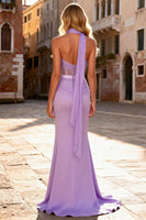 Load image into Gallery viewer, Light Purple Mermaid Satin Long Corset Prom Dress with Slit