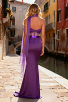 Load image into Gallery viewer, Purple One Shoulder Satin Long Corset Prom Dress with Slit