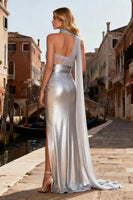 Load image into Gallery viewer, Sparkly Silver Mermaid Metallic Long Prom Dress with Slit