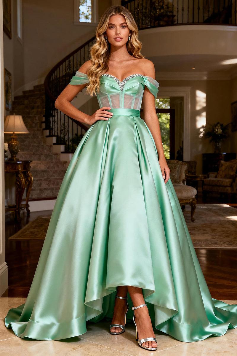 Load image into Gallery viewer, Sparkly Mint Green Off the Shoulder Satin Beaded Long Corset Prom Dress