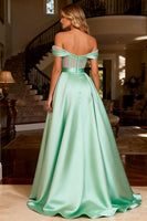 Load image into Gallery viewer, Sparkly Mint Green Off the Shoulder Satin Beaded Long Corset Prom Dress