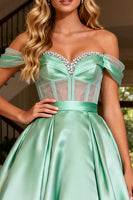 Load image into Gallery viewer, Sparkly Mint Green Off the Shoulder Satin Beaded Long Corset Prom Dress