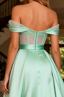 Load image into Gallery viewer, Sparkly Mint Green Off the Shoulder Satin Beaded Long Corset Prom Dress
