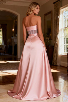 Sparkly Pink Sweetheart Satin Beaded Long Corset Prom Dress