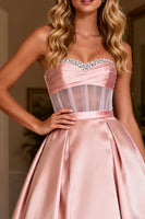 Load image into Gallery viewer, Sparkly Pink Sweetheart Satin Beaded Long Corset Prom Dress