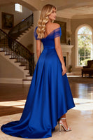 Load image into Gallery viewer, Sparkly Royal Blue A Line Satin Long Prom Dress with Beadings