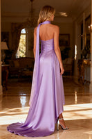 Load image into Gallery viewer, Sparkly Light Purple Satin Neck Scarf A Line Long Prom Dress