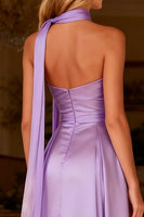Load image into Gallery viewer, Sparkly Light Purple Satin Neck Scarf A Line Long Prom Dress