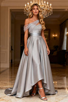 Load image into Gallery viewer, Sparkly Grey A Line One Shoulder Satin Long Prom Dress with Bow