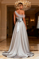 Load image into Gallery viewer, Sparkly Grey A Line One Shoulder Satin Long Prom Dress with Bow