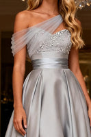 Load image into Gallery viewer, Sparkly Grey A Line One Shoulder Satin Long Prom Dress with Bow