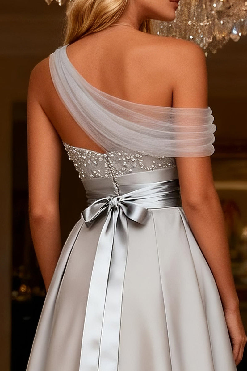 Load image into Gallery viewer, Sparkly Grey A Line One Shoulder Satin Long Prom Dress with Bow