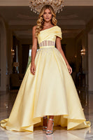 Load image into Gallery viewer, Sparkly Light Yellow Corset Satin Long Prom Dress with Beading